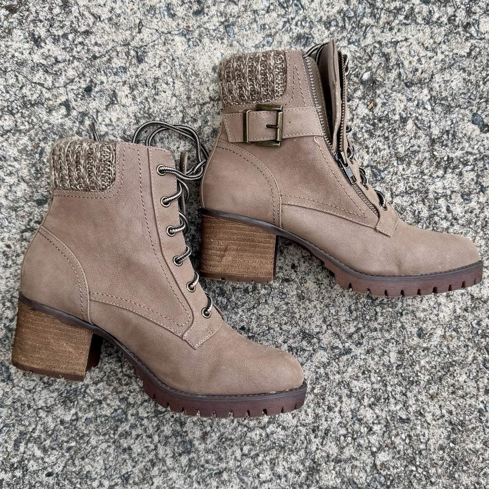 MIA Women's Size 8.5 Taupe Vegan Leather Suede Ankle Booties Lug Sole Block Heel - Picture 9 of 14